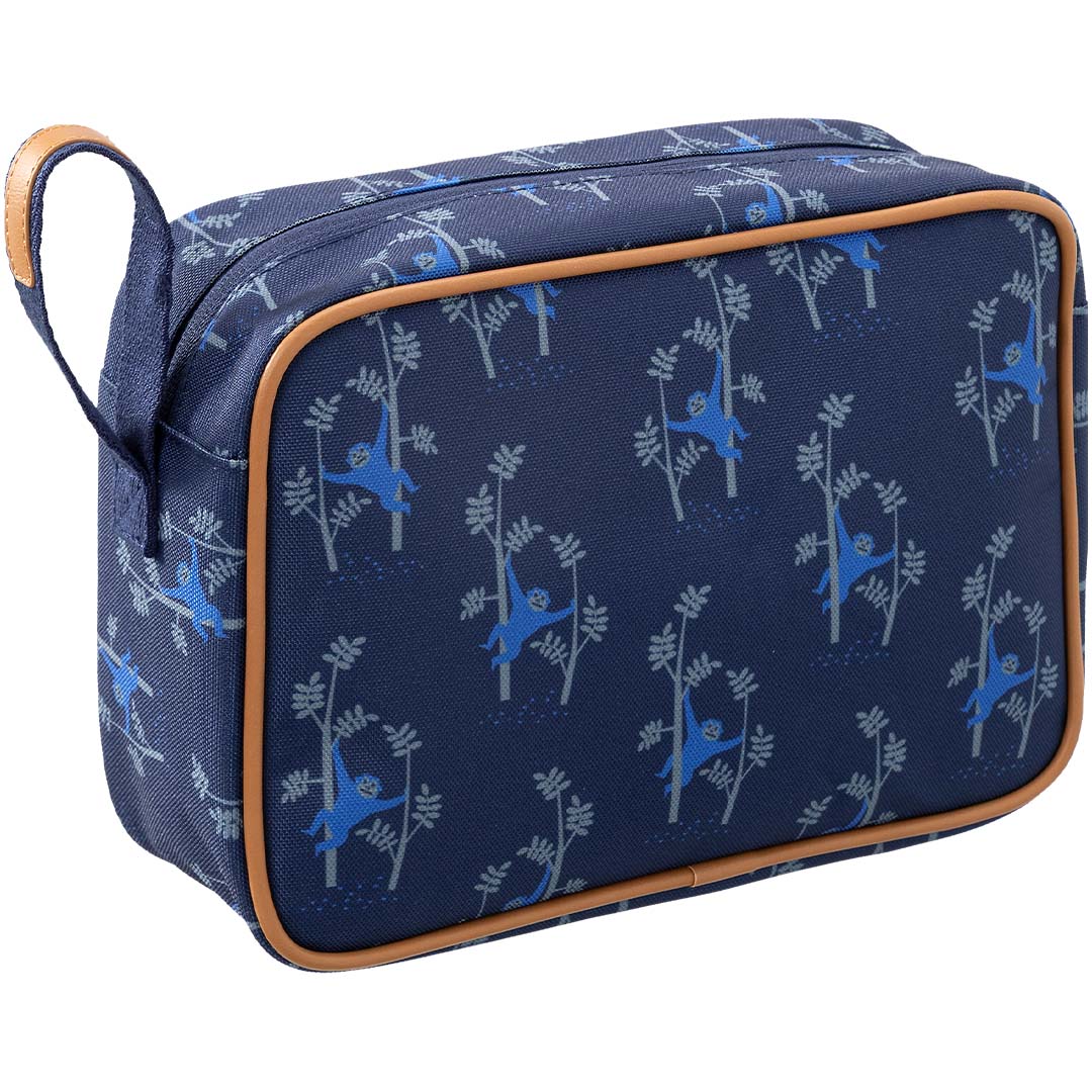 Fresk blauwe toilettas met apen- en bladerenpatroon, schuin van bovenaf gezien.