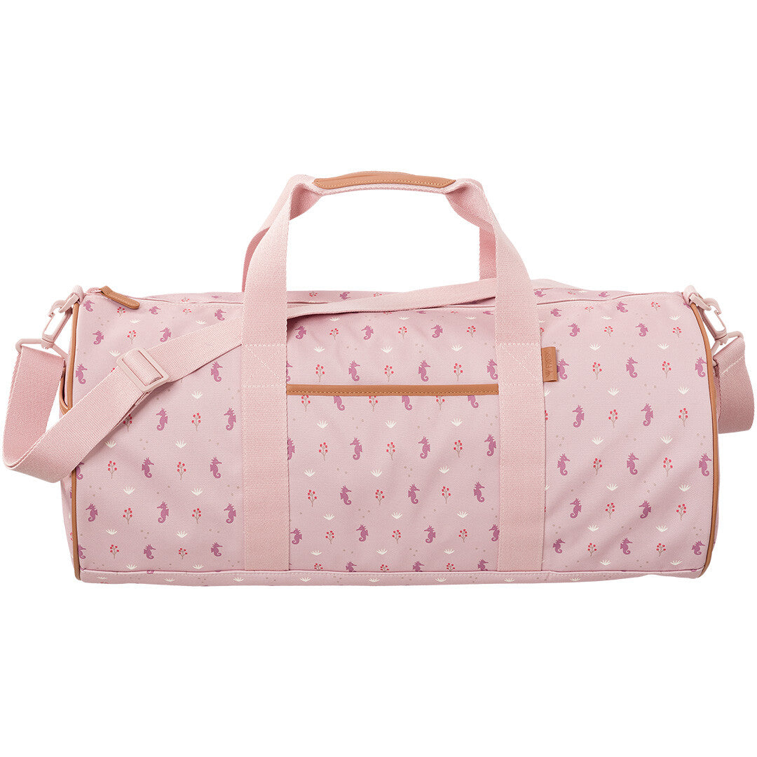 Fresk roze weekendtas met zeepaardjes en bladeren patroon.