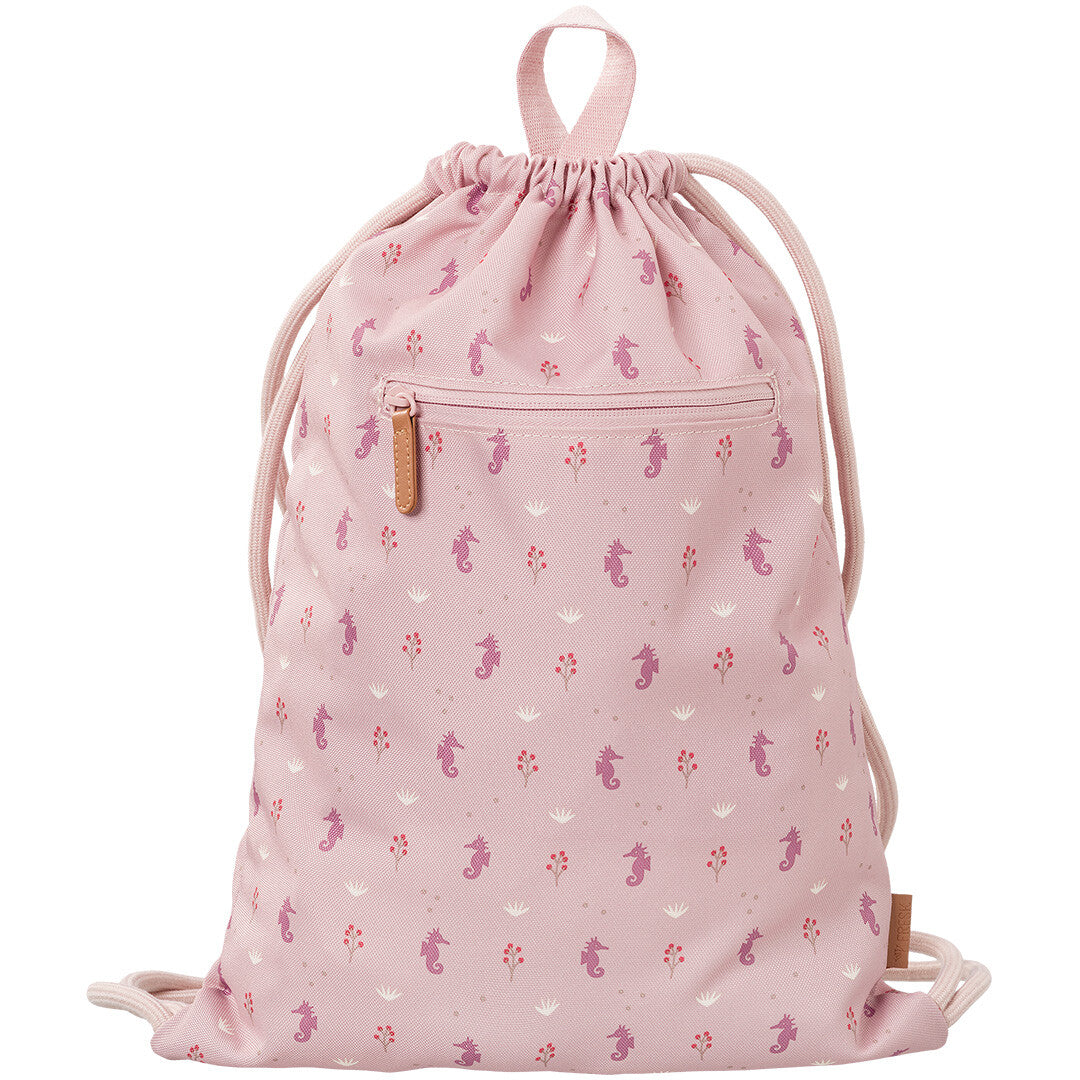 Fresk roze kinder zwemtas met trekkoord, versierd met zeepaardjes en bloemen, met een ritsvak aan de voorkant.