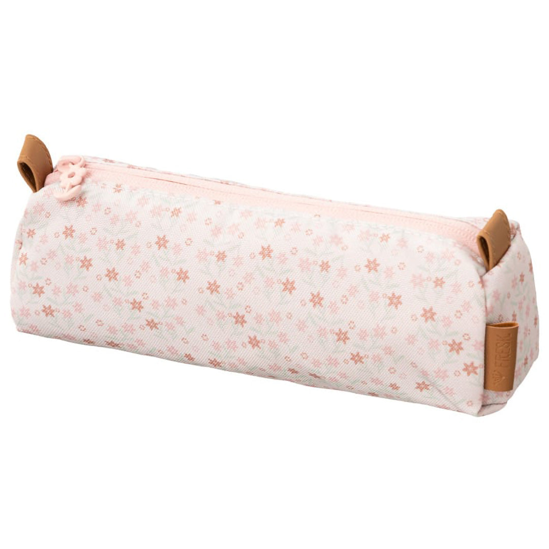 Fresk roze pennenetui van polyester met een gebloemd patroon.