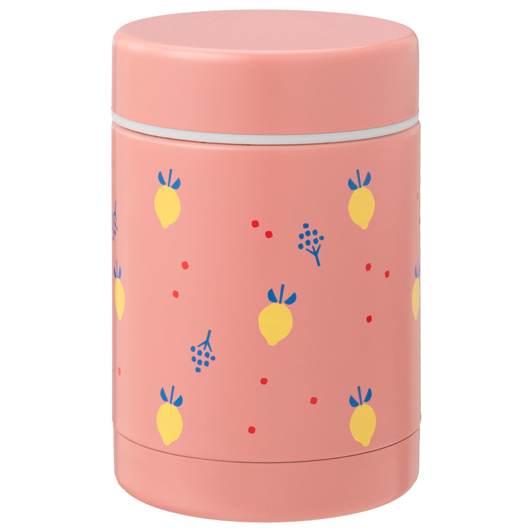 Fresk roze thermos voedselpot met een patroon van gele citroenen en rode stippen.