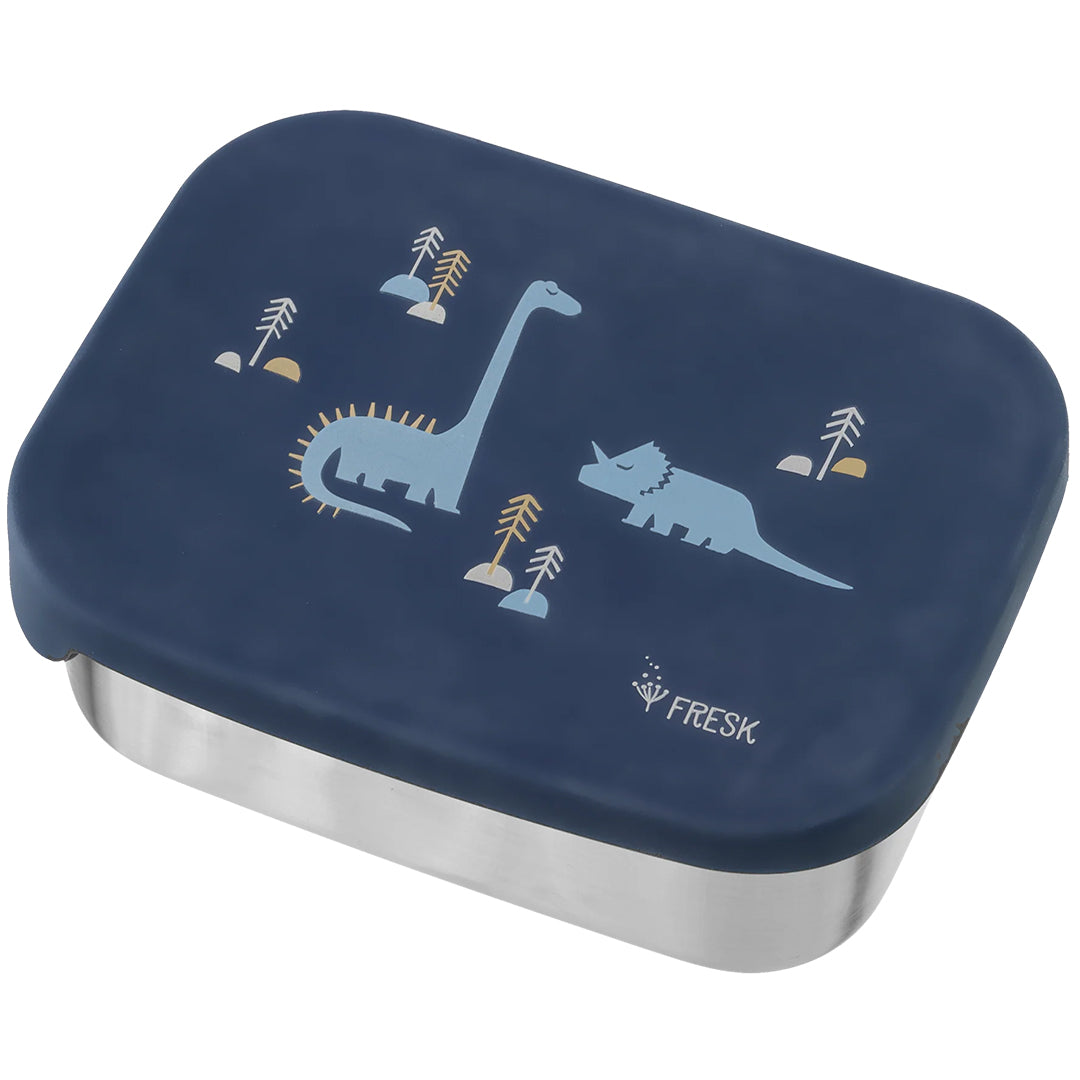 Fresk RVS broodtrommel met een donkerblauw siliconen deksel met dino-patroon.
