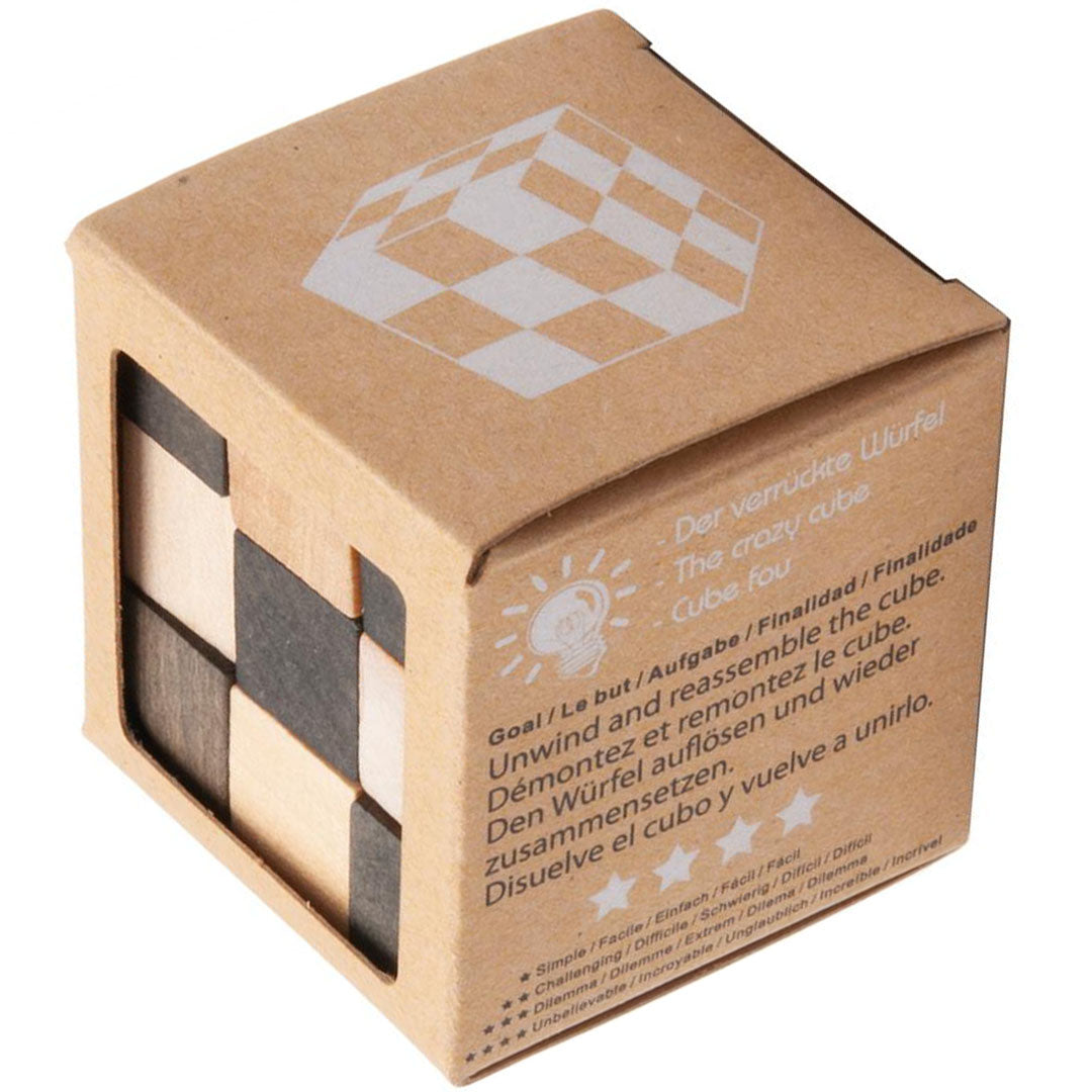 Schuine weergave van de kartonnen verpakking van de houten slangenkubus puzzel met meertalige tekst en een venster.