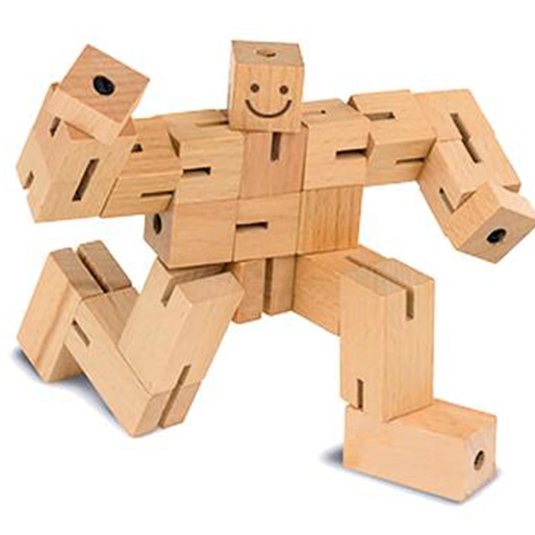 Fridolin houten robot puzzel van in elkaar grijpende blokken met een lachend gezichtje.