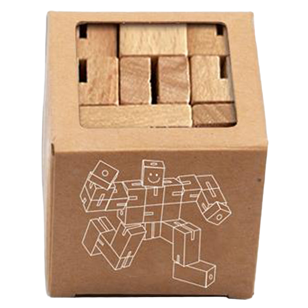 Verpakking van de Fridolin houten puzzelkubus, een bruine doos met een witte lijntekening van de robot.