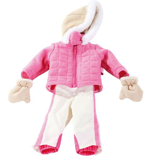 Götz 3-delig poppenskipak met roze gewatteerde jas, witte broek en beige wanten.
