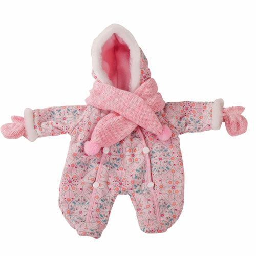 Götz roze gebloemd 3-delig poppensneeuwpakje met capuchon, sjaal en wantjes.