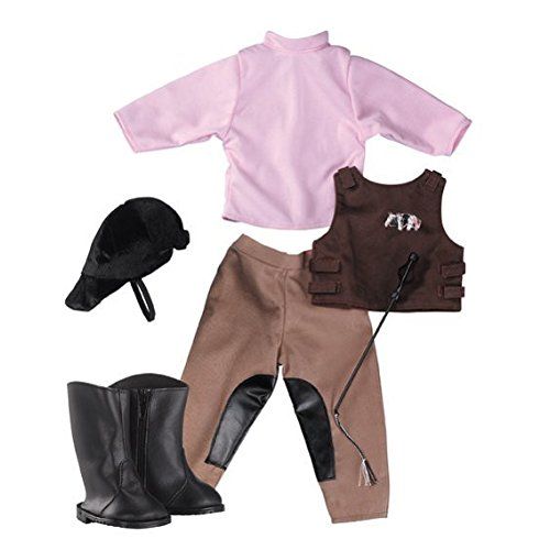 Götz 7-delige poppen paardrijset met roze shirt, bruine broek, bruin vest, zwarte laarzen, zwarte cap en zweep.
