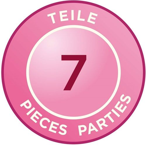 Infographic met een roze cirkel die aangeeft dat de set 7 onderdelen bevat.