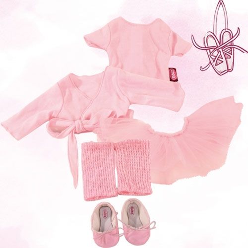 Götz 7-delige poppenballet set met roze leotard, wikkelvest, tutu, beenwarmers en balletschoenen.