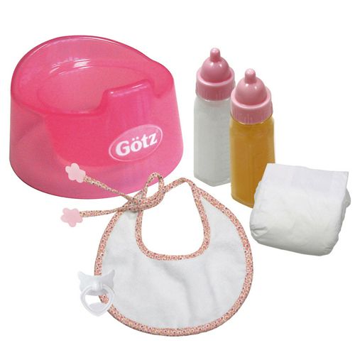 Götz 7-delige poppenset met roze potje, twee flesjes, een slabbetje, speen en luier.