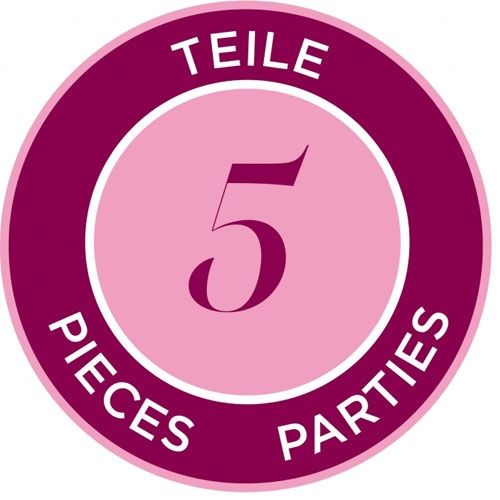 Infographic met de tekst '5 TEILE PIECES PARTIES' die aangeeft dat de set 5 onderdelen bevat.