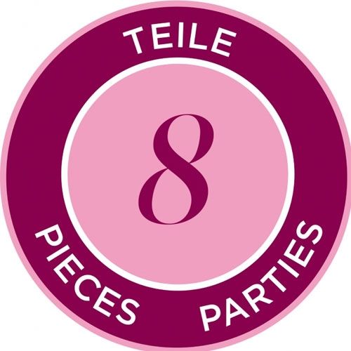 Infographic met een roze cirkel die aangeeft dat het product 8 onderdelen bevat.