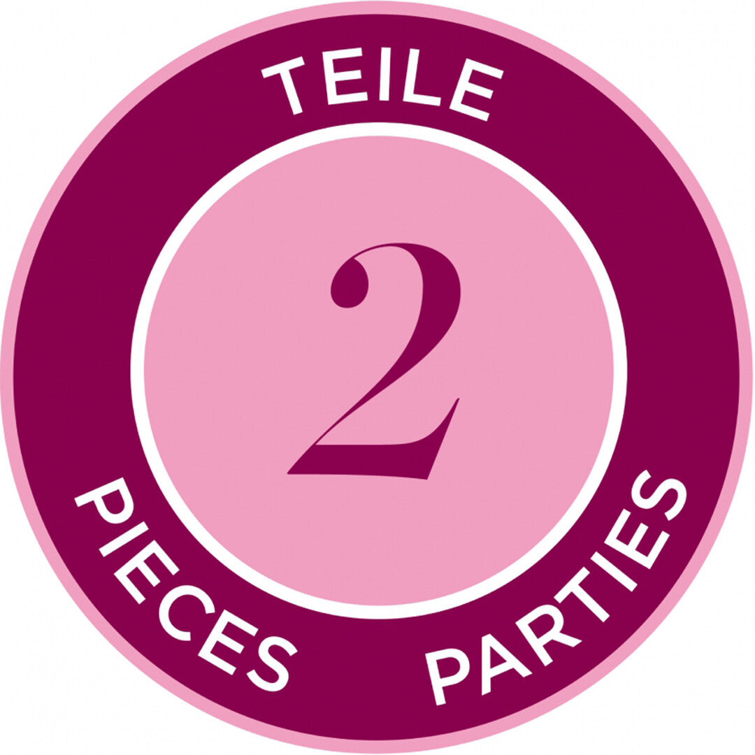 Infographic met de tekst '2 TEILE PIECES PARTIES' in een roze cirkel.