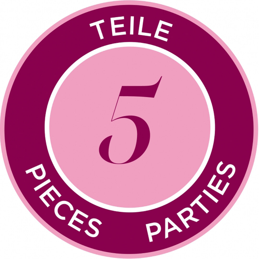 Infographic met een roze cirkel die aangeeft dat het product 5 onderdelen bevat.