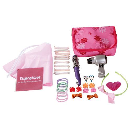 Gotz kapperssetje met roze toilettas, föhn, borstel, krulspelden, haarband, haarelastieken en diverse haarspeldjes.