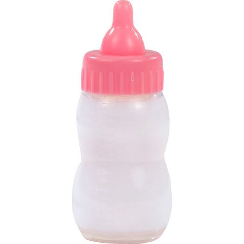 Gotz magische poppenzuigfles met roze speen en witte melk.