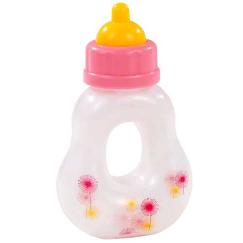 Gotz magische poppenzuigfles met roze dop, gele speen en een bloemenpatroon van roze en gele paardenbloemen.