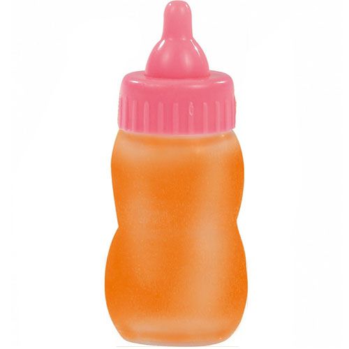 Gotz magische poppenzuigfles met roze speen en oranje sap.