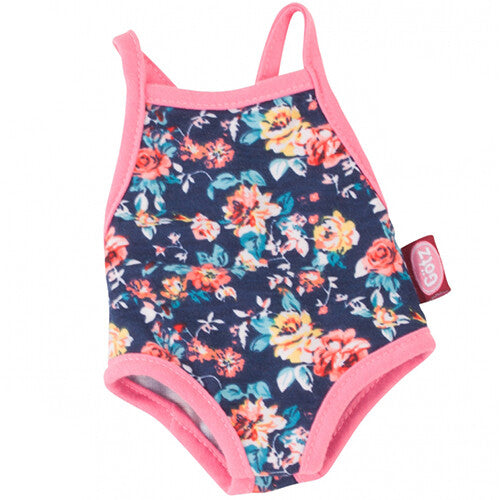 Götz poppenbadpak met marineblauw gebloemd patroon en roze bies.