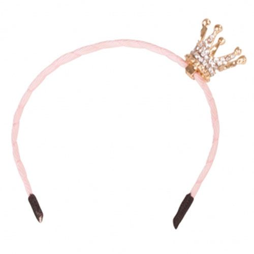 Götz poppendiadeem met een roze stoffen haarband en een gouden kroon met steentjes.