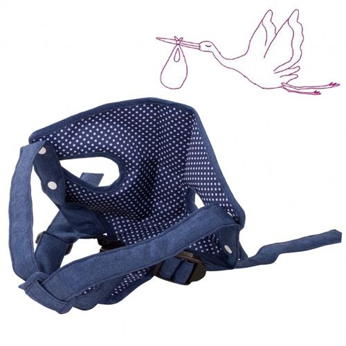 Götz blauwe denim poppendraagzak met stippenpatroon aan de binnenkant.