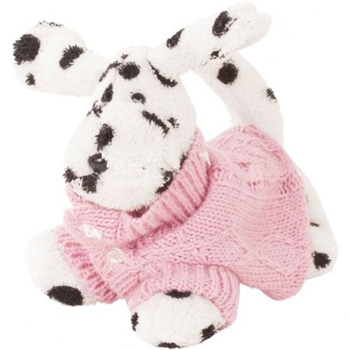 Gotz pluchen poppenhond dalmatiër James met roze gebreide trui, schuin van voren gezien.