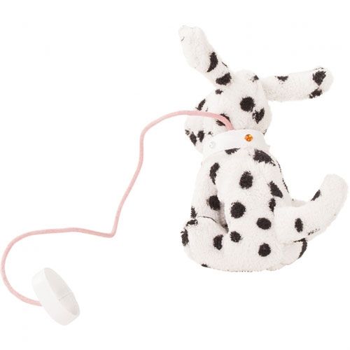 Gotz pluchen poppenhond dalmatiër James met roze speenkoord, van achteren gezien.