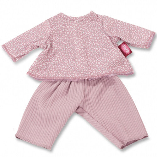 Götz roze poppenkleding set met bloemenpatroon top en geribbelde broek.