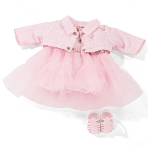 Gotz roze poppenkledingset met jurk, jasje en sandalen.