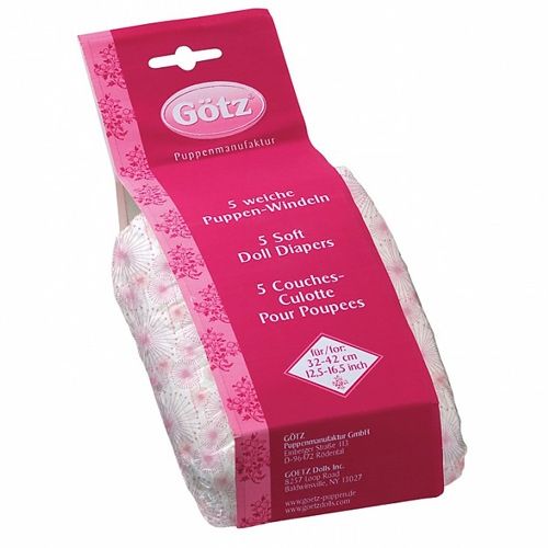 Verpakking van Götz poppenluiers met gebloemd patroon.