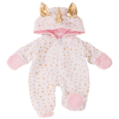 Gotz poppenonesie in wit met gouden sterren en een eenhoorncapuchon, plat gefotografeerd.