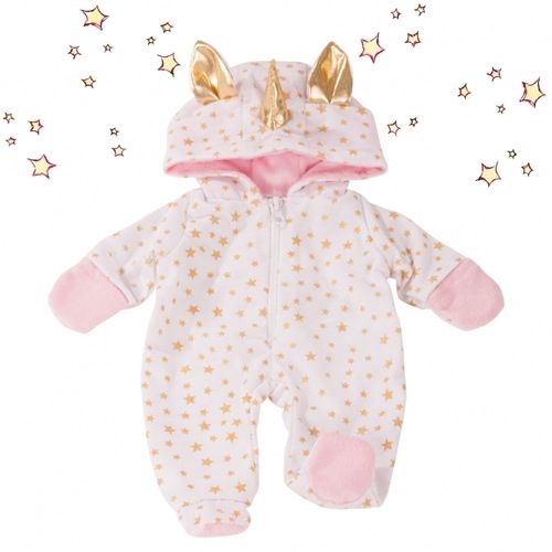 Gotz poppenonesie in wit met gouden sterren en een eenhoorncapuchon, plat gefotografeerd met getekende sterren.