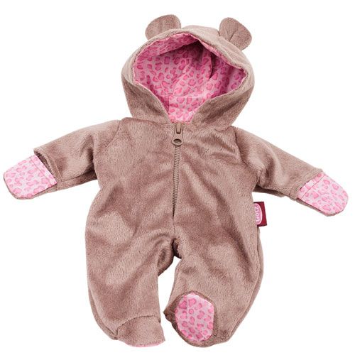Götz beige fluwelen poppenonesie met teddybeeroren en roze luipaardprint.