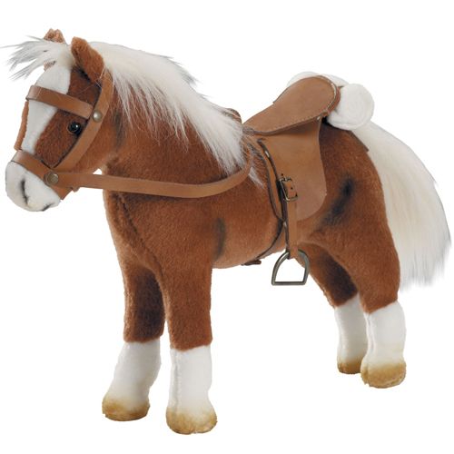 Gotz pluche poppenpaard in bruin en wit met zadel en hoofdstel.