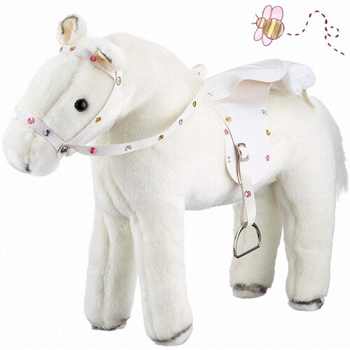 Götz wit pluche poppenpaard met zadel en hoofdstel, versierd met gekleurde steentjes.