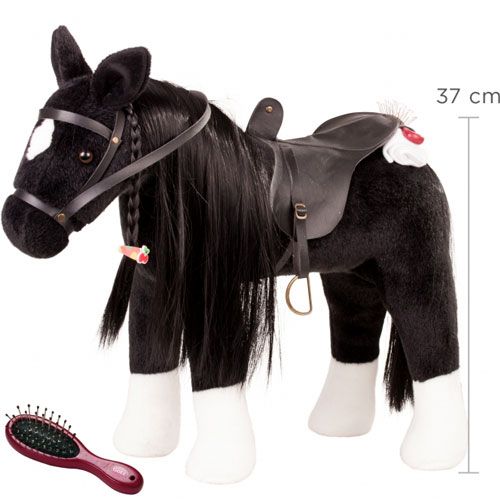 Gotz zwart pluchen poppenpaard met zadel, hoofdstel en een rode borstel, met een hoogte-indicatie van 37 cm.