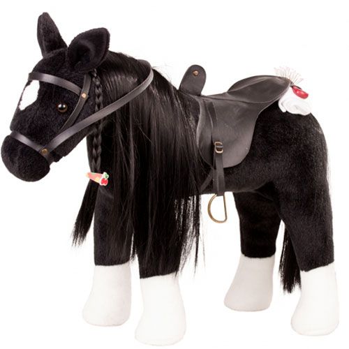 Gotz zwart pluchen poppenpaard met zadel en hoofdstel.