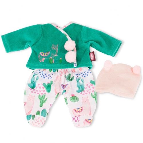 Götz poppenpakje met groene overslagtop met alpaca, broek met alpaca- en cactuspatroon en een roze muts.