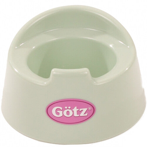 Götz poppenpotje in lichtgroen plastic met roze logo.