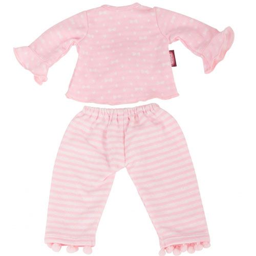 Götz roze poppenpyjama met stippen top en gestreepte broek met pompons.