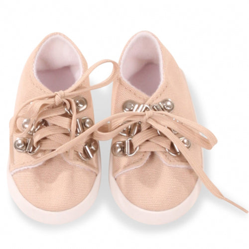 Gotz poppenschoenen van beige canvas met veters en metalen oogjes.