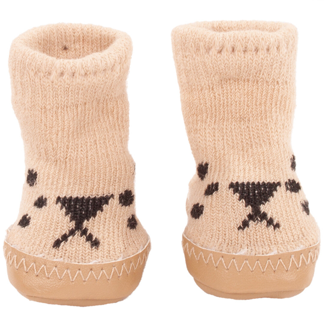 Gotz beige poppenslofjes met kattenpatroon en kunstleren zool.