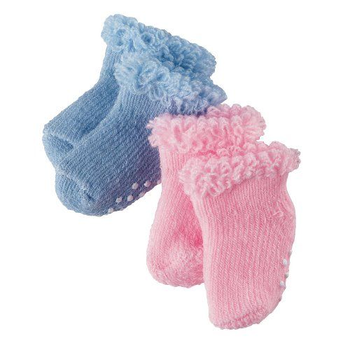Gotz poppensokjes: een blauw en een roze paar met ruches en antislip stippen.