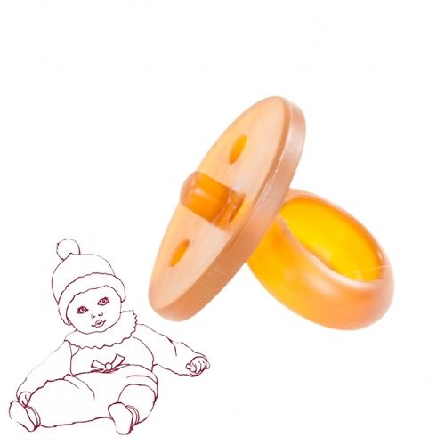 Götz oranje rubber poppenspeen naast een tekening van een baby voor schaal.