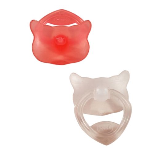 Twee Götz poppenspenen in de vorm van een kattenhoofd, één rozerood en één wit.