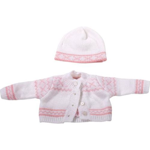 Götz poppenvestje en muts in wit met roze geometrisch patroon.