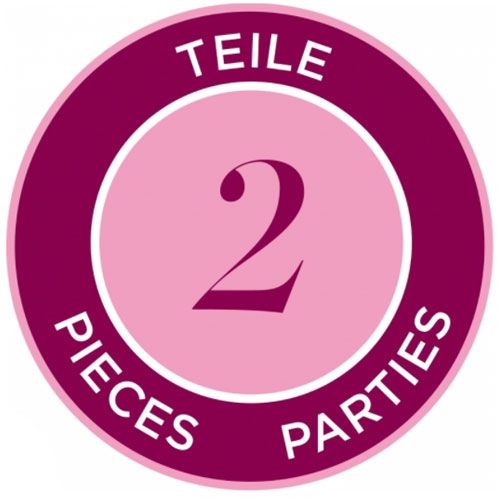 Infographic met de tekst '2 Teile', '2 Pieces' en '2 Parties' in roze en paars.