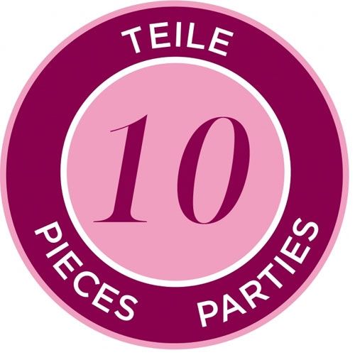 Infographic met een roze cirkel die aangeeft dat het product 10 onderdelen bevat.