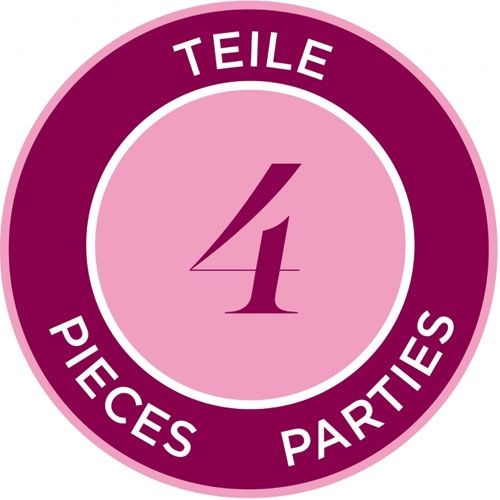 Infographic met de tekst '4 TEILE', 'PIECES', 'PARTIES' in roze en paars.